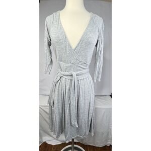 LUCY Womens M faux Wrap Dress Self Tie Waist‎ Gray Jersey Made in USA